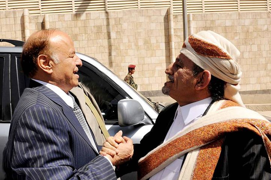 President Hadi meets Sheikh Sadiq al-Ahmar (leader of the Hashid tribal federation and al-Islah tribal confederacy) outside the presidential office in 2012